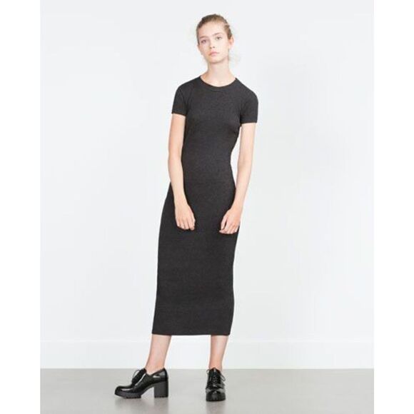 Zara Trafuluc Ribbed Short Sleeve Bodycon Midi Dress Grey Size Small - Picture 1 of 7